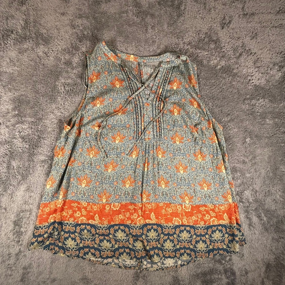 Daniel Rainn Blue Orange Floral Paisley Pintuck Sleeveless Blouse Plus Size 1X